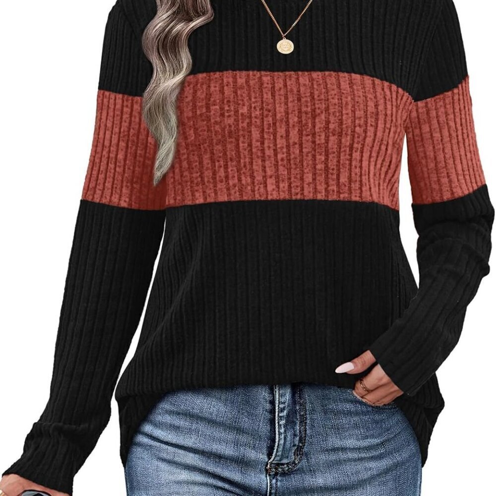 Womens Color Block Sweater Long Sleeve Soft Lightweight Fall Winter Fashion